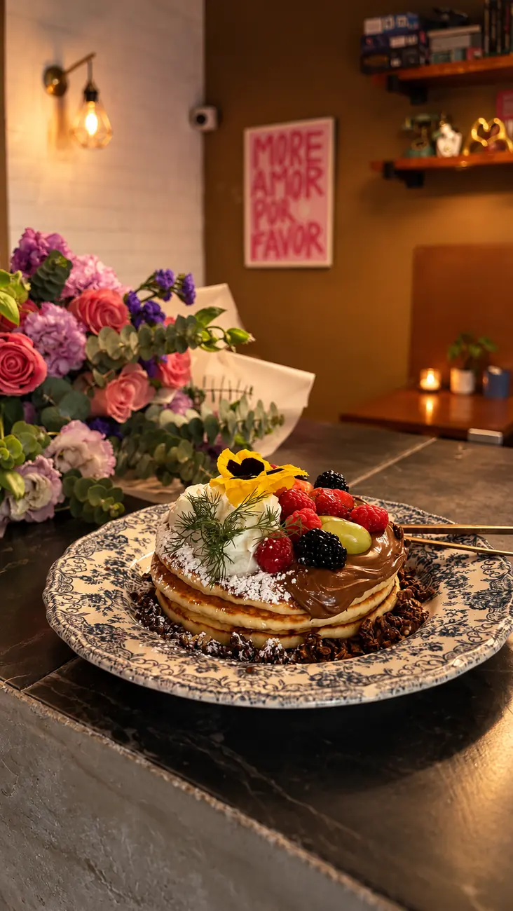 Hot cakes con flor comestible amarilla, frutos rojos y chocolate, sobre un plato de talavera