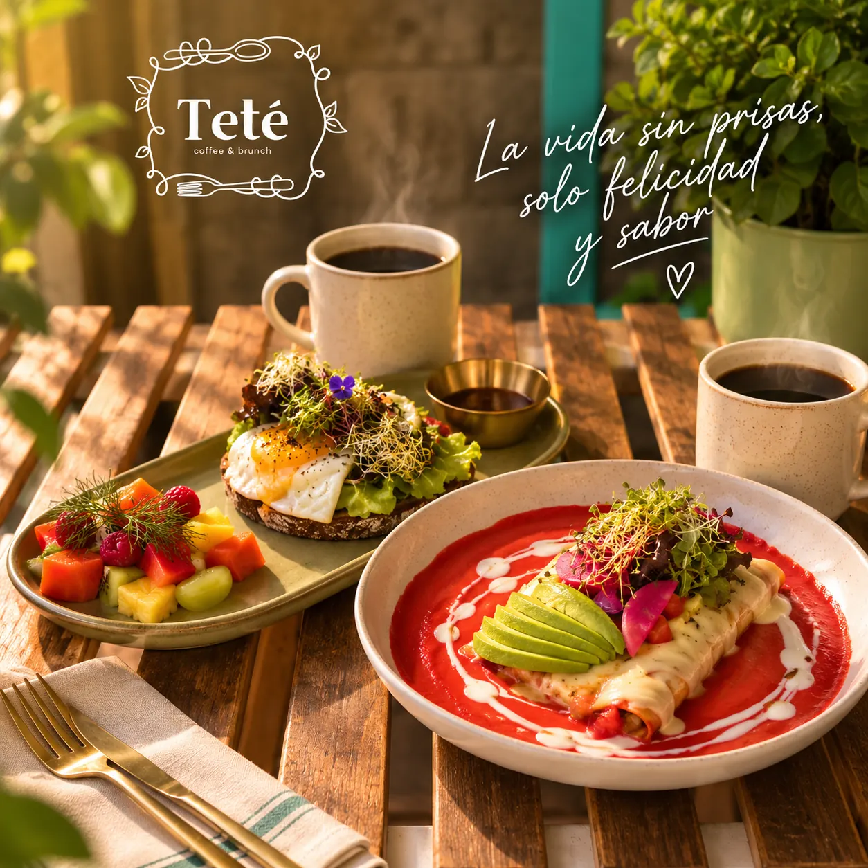 Mesa servida de Teté: enchiladas, avocado toast, fruta y dos cafés, con el logo de la casa